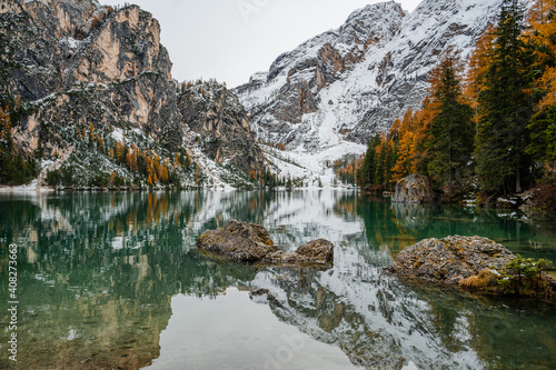 winter landscape, with kaleidoscope effect on the side di braies located in the Italian alps in the area of ​​the dolomites. Snow, trees and mountains 