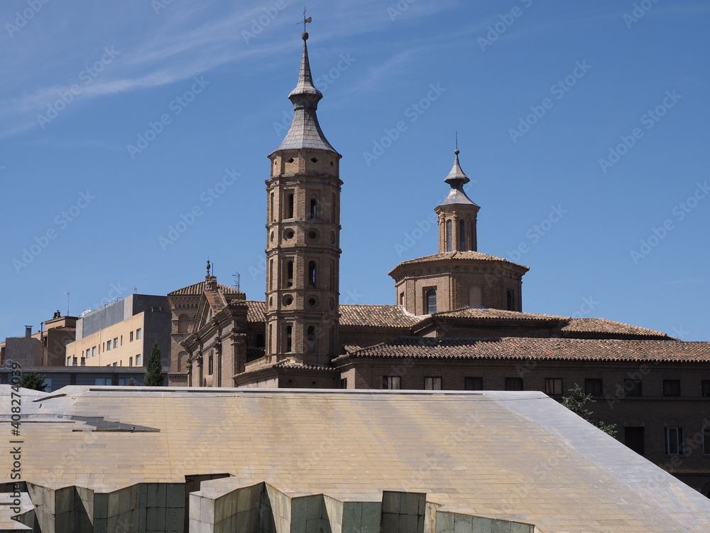 View to church of Saint Paul on main market square in european Saragossa city in Spain at Aragon district, clear blue sky in 2019 warm sunny summer day on September.