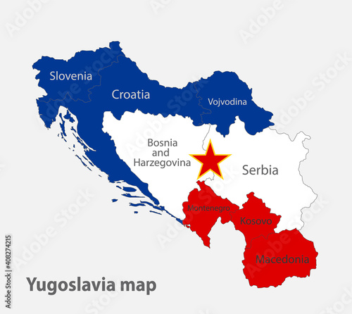 Map of the Yugoslavia in the colors of the flag with administrative divisions vector photo