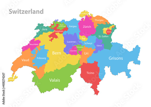 Switzerland map  administrative division  separate individual regions with region names  color map isolated on white background vector