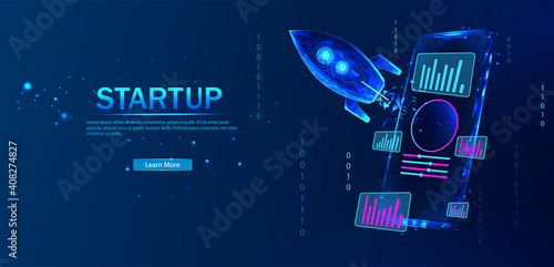 Polygonal Concept Business Startup. The rocket takes off from portal of the mobile phone augmented reality on blue background. Design concept augmented reality. AR and VR Development. Media Technology