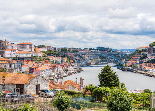 View on downtown of Porto, Portugal and the bridge over the river Douro