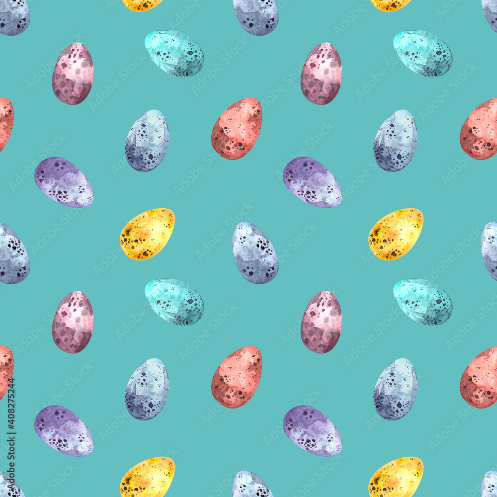 Seamless watercolor pattern with Easter colored eggs on a colored background.Illustration for holidays, fabrics, postcards, packaging.