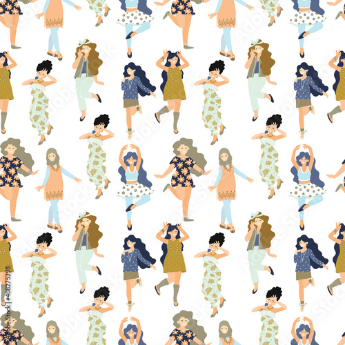 Seamless pattern with different dancing women. 8 march. International Women's Day