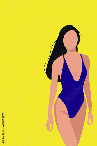 Portrait of a girl in a swimsuit in a flat style on a yellow background 