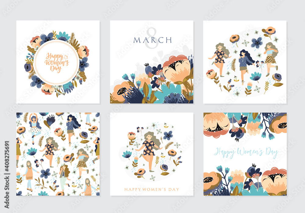 Fototapeta premium Set of illusttation. 8 march, International Women's Day