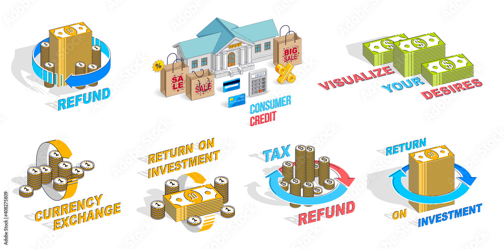 Money business and finance different 3D vector concept designs isolated over white background, perfect illustrations on financial theme collection.