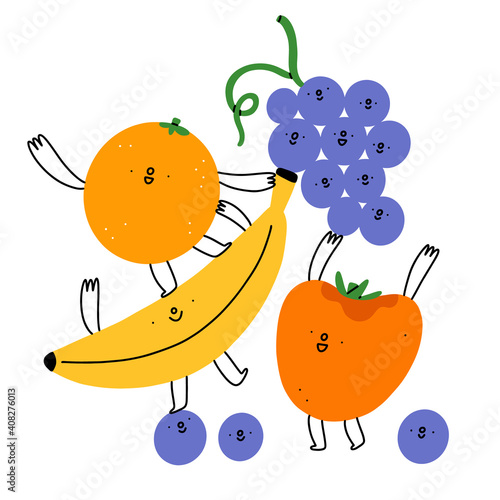 Best friends, joyful fruits characters vector illustration