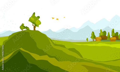 Beautiful scenic nature landscape vector illustration summer or spring season with grasslands meadows hills and mountains  hiking traveling trip to the countryside concept.