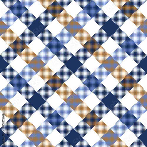 Gingham plaid pattern in blue  brown  white. Seamless pixel vichy check graphic for menswear shirt  picnic blanket  tablecloth  or other modern spring  summer  autumn fashion textile print.