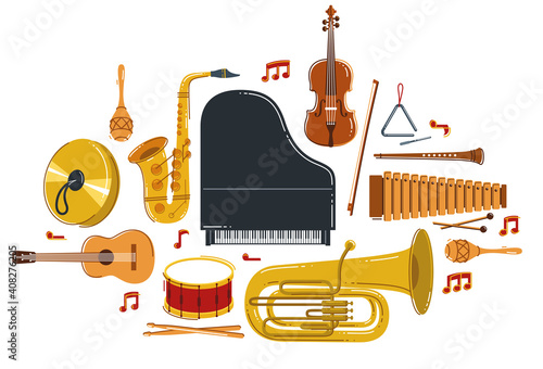 Classical music instruments composition vector flat style illustration isolated on white, classic orchestra acoustic sound, concert or festival, diversity of musical tools.