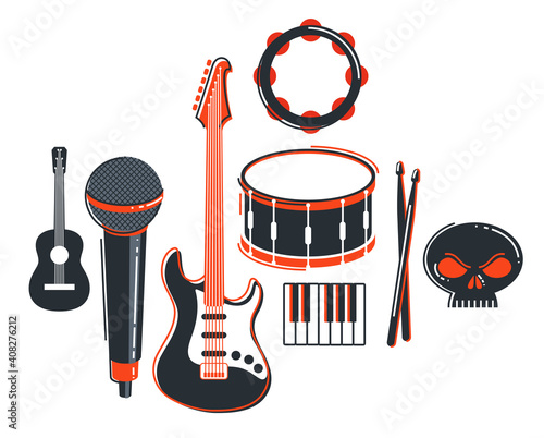 Rock music band vector flat illustration isolated over white background, hard rock and heavy metal live sound festival or concert, rock n roll musical band playing, night club party.