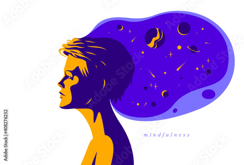 Woman profile with space view planets and stars from her head vector illustration, mindfulness philosophical and psychological theme, meditation and awareness.