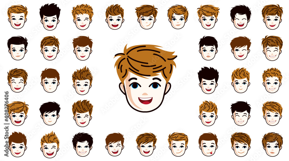 Pretty child boy faces and hairstyles heads vector illustrations set  isolated on white background, early teenager kid happy attractive beautiful  faces avatars collection with different haircuts. Stock Vector | Adobe Stock