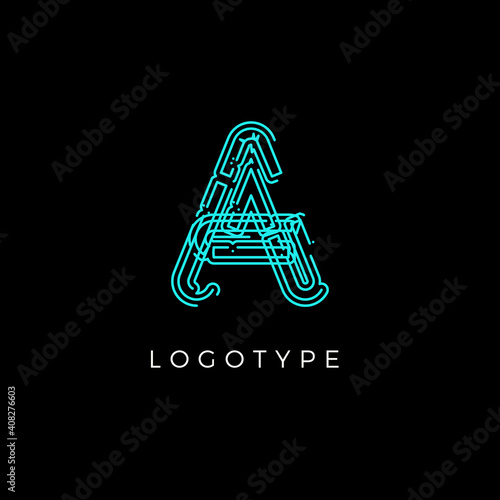 Cyber letter A for digital technology logo concept. Contour circuit style monogram for artificial intelligence product symbol, robotic system logo and vector type design