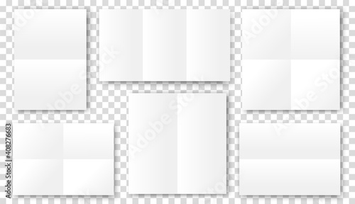 Blank folded paper sheets. Open book brochure flyer booklet template with shadow.