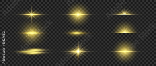 Golden glowing light. Gold glow flash with sparcle. Vector sunrise effect. Realistic shiny beam set.