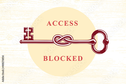 Access Denied, Knotted key allegorical symbol, vintage antique turnkey in a knot, blocked account, personal data protection, hacker and fraud attack, vector logo.