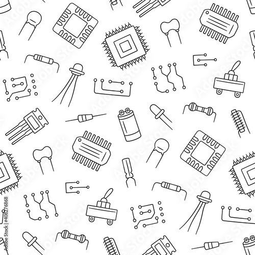 Seamless pattern from electrical components. Microchip, diode, transistor capacitor, resistor. Computer parts. Hand drawn vector illustration on white background