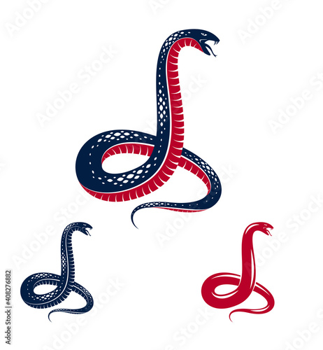 Snake vector logo emblem or tattoo, deadly poison dangerous serpent, venom aggressive predator reptile animal vintage style illustration.