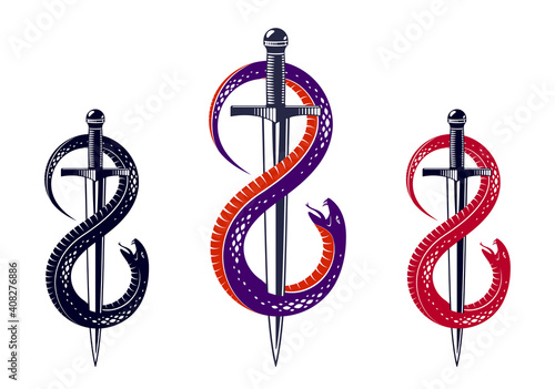 Dagger kills a Snake, defeated Serpent wraps around a sword vector vintage tattoo, Life is a Fight concept, allegorical logo or emblem of ancient symbol.