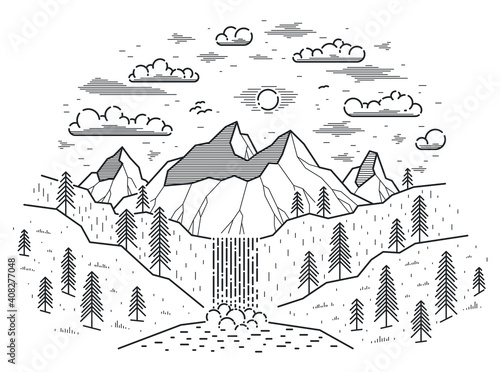 Beautiful waterfall from high mountains range vector illustration isolated on white, beauty in nature theme, hiking camping and travel theme line art drawing.