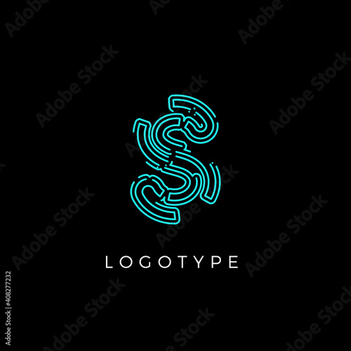 Cyber letter S for digital technology logo concept. Contour circuit style monogram for artificial intelligence product symbol, robotic system logo and vector type design