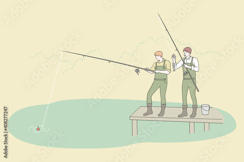 Fishing and recreation sport leisure concept. Two young men friends in boots cartoon characters fishing at river bank together vector illustration. Outdoor summer recreation 