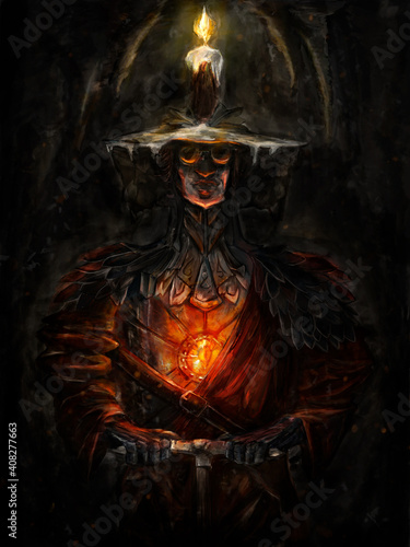 A miner with candles on his hat holds a pickaxe in his hands, he has a burning crystal emitting light in his chest, wax flows over the hat, he is wearing a leather cape, stands in a dark cave. © Николай Акатов