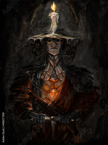 A miner with candles on his hat holds a pickaxe in his hands, he has a burning crystal emitting light in his chest, wax flows over the hat, he is wearing a leather cape, stands in a dark cave.