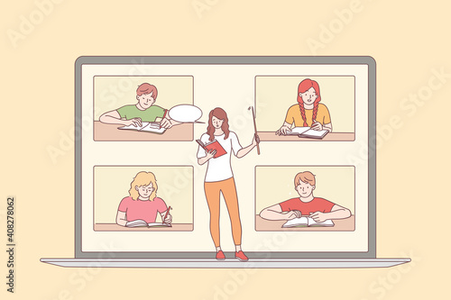 Elearning and online education concept. Laptop screen with young woman teacher and sitting and learning lesson pupils listening to lesson course online vector illustration