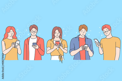 Online chatting and typing concept. Young smiling boys and girls cartoon characters chatting and communicating online on smartphones by messenger and dating online vector illustration