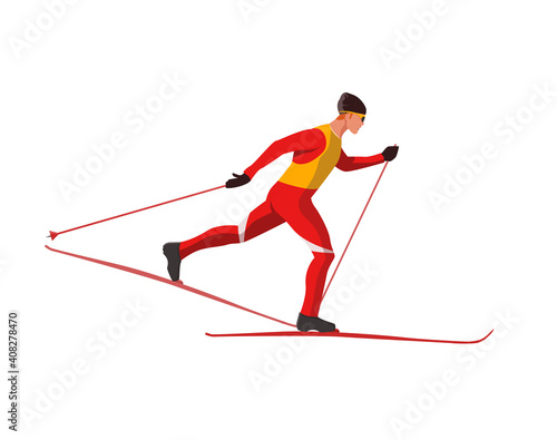 A skier in red sportswear is skiing using Ski poles and skis. Vector flat design illustration isolated on white background. Winter sports