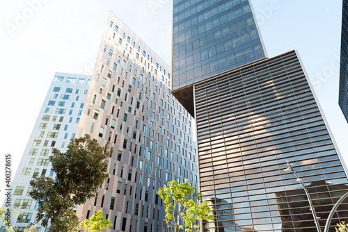 Skyscraper business office buildings in Barcelona. Modern futuristic technological architecture concept. 