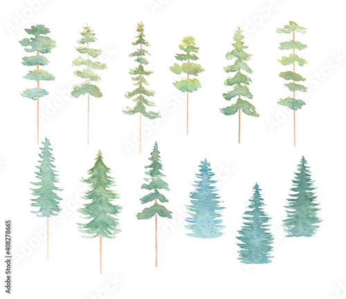 Watercolor abstract pine trees collection isolated on white background. Forest trees big set. Hand-painted forest clipart.