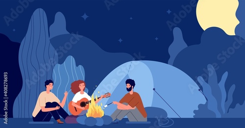 People sitting fire. Scary night, campfire in forest and friends. Man woman relaxing in camp nature, seasonal travel utter vector concept. Burning fire and activity hiking view midnight illustration