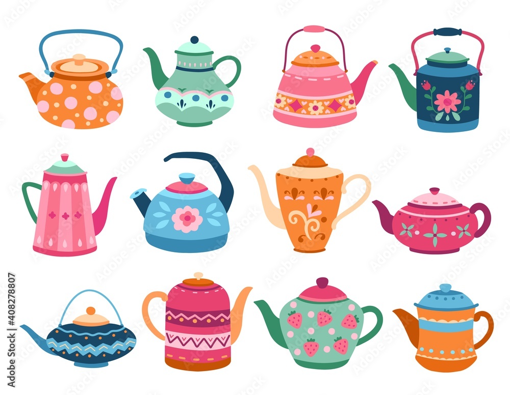 Cute teapots. Kitchen tools, cartoon teapot or kettle decorative ceramic.  Householding elements, isolated modern coffee tea exact vector set.  Illustration kettle and tea pot, dishware to drink tea vector de Stock