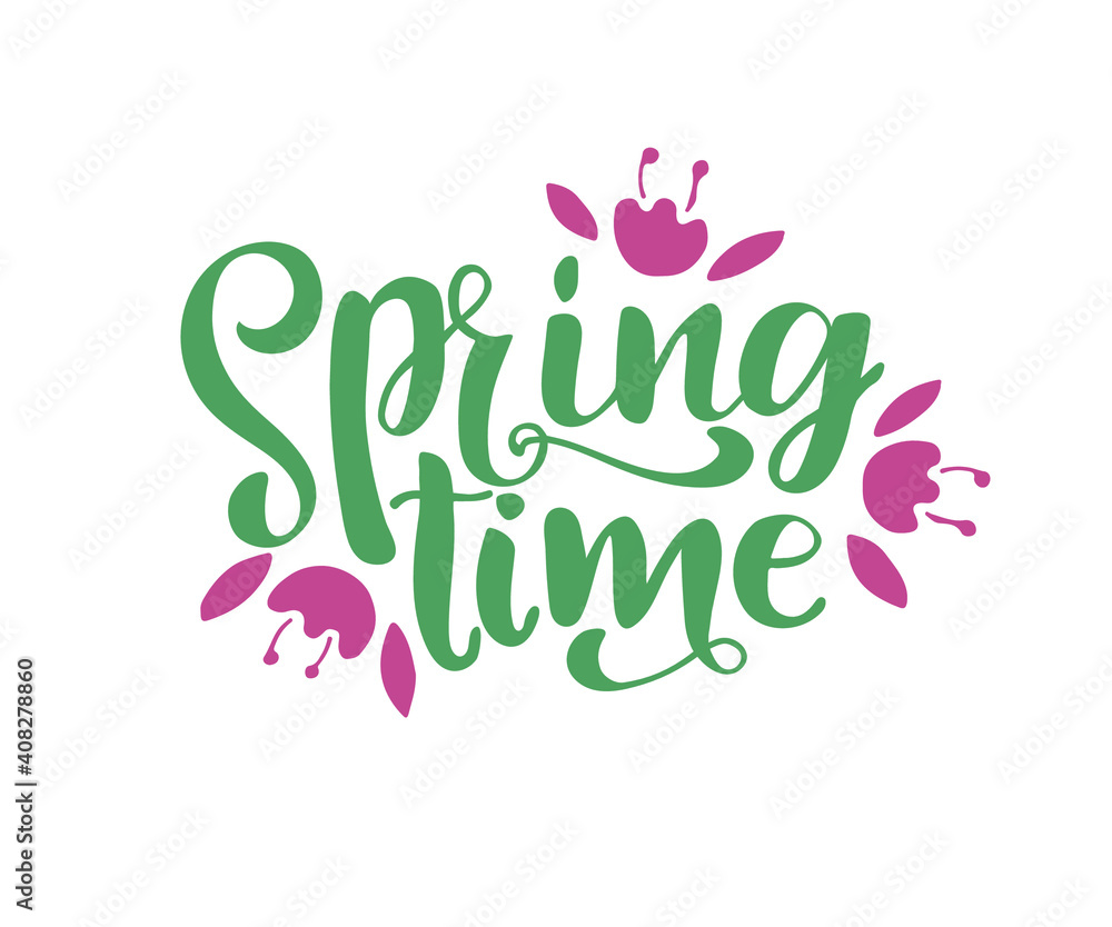 Hand drawn Spring time text as logotype, badge and icon. Postcard, card, invitation, flyer, banner template. Lettering typography. Season's Greetings