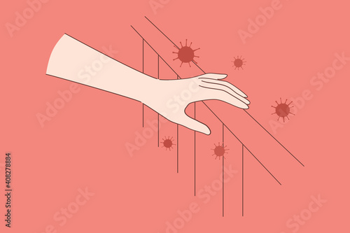 Corona virus bacterias danger concept. Human hand touching surface with COVID-19 2019-nCoV germs spreading and having direct physical contact with dangerous disease vector illustration