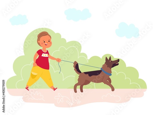 Walking dog in park. Summer outdoor walk, pet and child run together. Cute cartoon friends, boy with animal on nature decent vector concept. Active walk with dog in green park illustration