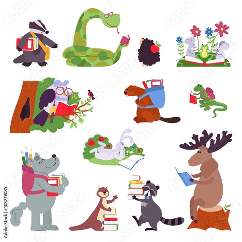 Smart animals. Wild animal with books, funny forest characters read. Isolated cartoon clever owl, raccoon snake, kids decent vector clipart. Illustration animal get knowledge from books, study smart