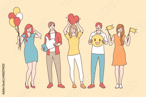 Positive thinking and emotions concept. Smiling happy young people cartoon characters standing in line communicating positive thoughts and feelings to each other vector illustration 