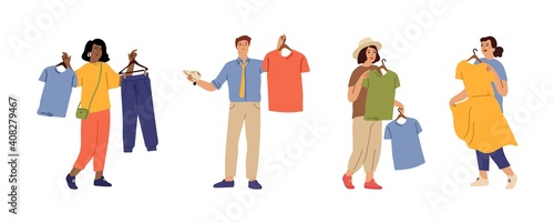 Fashion people. Person choose clothes, man woman think about new apparel. Isolated cartoon characters hold dress t-shirt shoes vector set. Shopping customer, clothing fashionable choosing illustration