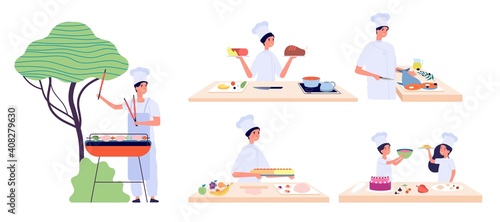 Man cooking. Culinary characters, bbq chef. People and children eat, food preparation workshop. Picnic or restaurant, healthy meal cook vector set. Illustration chef cooking, kid and girl do culinary