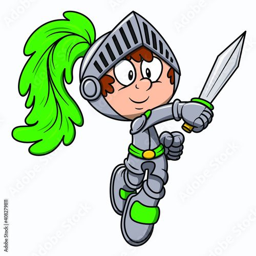 Cartoon vector knight illustration. Cute kid knight with sword and green feather on helmet. Medieval armor costume. Chivalry soldier with happy face and smile. Isolated on white background.