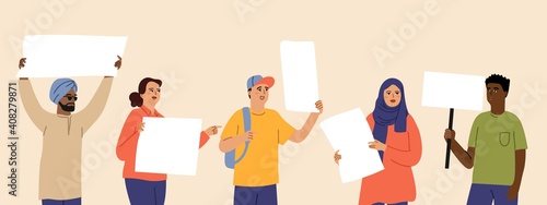 People hold placards. Demonstration, meeting protest with empty banners. Diverse man woman characters express their opinion vector illustration. Demonstrate march, teamwork movement