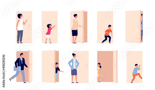 Person and door. Men open doors, business people closed and opened entry. Cartoon man woman pass, kid overhear and hold knob utter vector set. Illustration open door, doorway opportunity