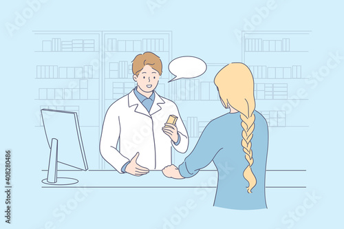 Pharmacy and drugstore concept. Young smiling pharmacist doctor cartoon character consulting woman patient customer in drugstore vector illustration 