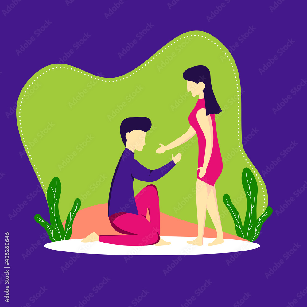 A man squats in front of a woman to seduce A man squats in front of a woman to seduce