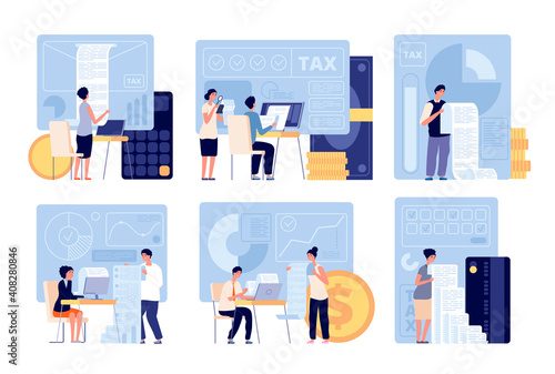 Accounting and taxes. Audit application, tax form or refund money. Financial consulting, business account and payment documents utter vector set. Business tax finance, accounting service illustration
